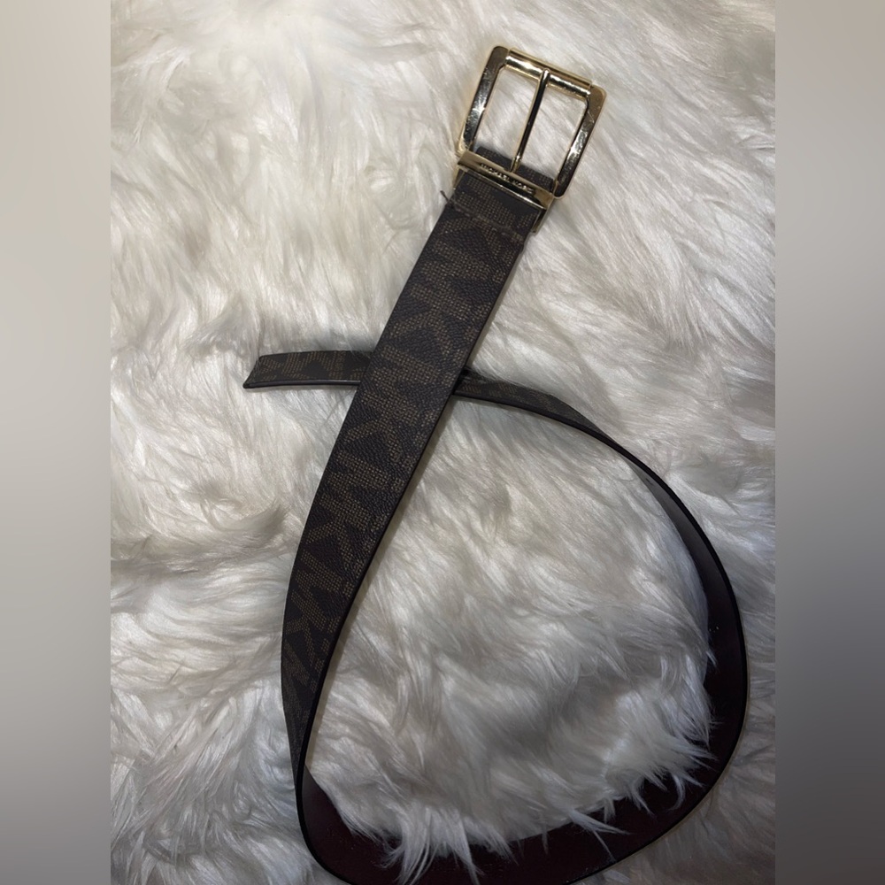 MICHAEL KORS BELT CHOCOLATE MK PRINTED LOGO GOLD SIZE MEDIUM - Picture 15 of 17